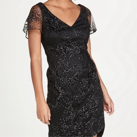 green emerald velvet dress Marchesa Notte Embroidered Foiled Tea-Length Dress